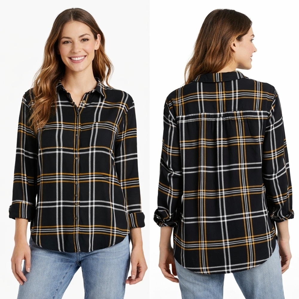 LL BEAN Flannel Shirt Womens Large Black Yellow Plaid Relaxed Button Up Country